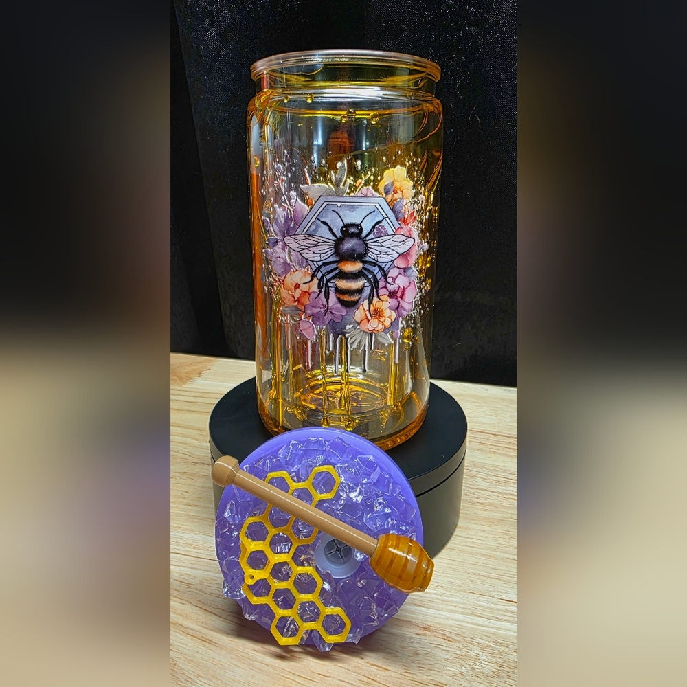 Vibrant Bee Art Glass Jar with Orange and Purple Accents